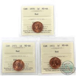 1-cent 1970, 1971 & 1972 ICCS Certified MS-66 Red. 3pcs