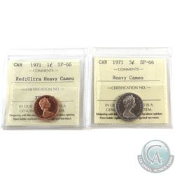 1-cent 1971 ICCS Certified SP-66 Red Ultra Heavy Cameo & 1971 5-cent ICCS SP-66 Heavy Cameo. 2pcs