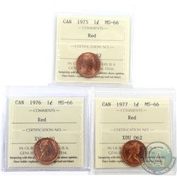 1-cent 1975, 1976 & 1977 ICCS Certified MS-66 Red. 3pcs