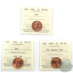 1-cent 1981, 1982 & 1983 Far Beads ICCS Certified MS-66 Red. 3pcs