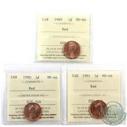 1-cent 1989, 1990 & 1991 ICCS Certified MS-66 Red. 3pcs