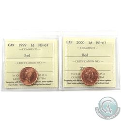 1-cent 1999 & 2000 ICCS Certified MS-67 Red. 2pcs