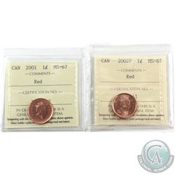 1-cent 2001 & 2002P ICCS Certified MS-67 Red. 2pcs