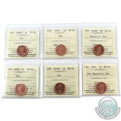 1-cent 2004, 2004P, 2005, 2005P, 2006 Non Magnetic & 2006P Magnetic ICCS Certified MS-66 Red. 6pcs