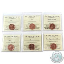 1-cent 2004, 2004P, 2005, 2005P, 2006 Non Magnetic & 2006P Magnetic ICCS Certified MS-66 Red. 6pcs