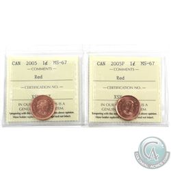 1-cent 2005 & 2005P ICCS Certified MS-67 Red. 2pcs