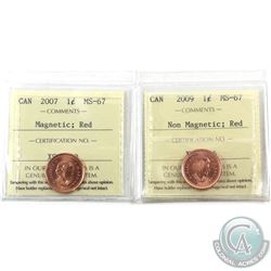 1-cent 2007 Magnetic & 2009 Non Magnetic ICCS Certified MS-67 Red. 2pcs