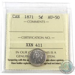 5-cent 1871 ICCS Certified AU-50. Original lustre, shows better than grade!