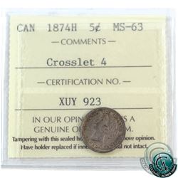 5-cent 1874H Crosslet 4 ICCS Certified MS-63! Medium to light toning throughout with hints of mint l