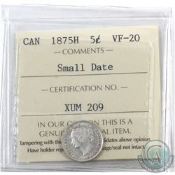 5-cent 1875H Small Date ICCS Certified VF-20 *KEY DATE*