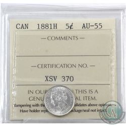 5-cent 1881H ICCS Certified AU-55. Bright vibrant coin.