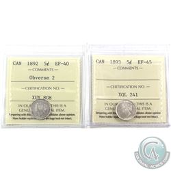 5-cent 1892 Obverse 2 ICCS EF-40 & 1893 ICCS EF-45. 2pcs