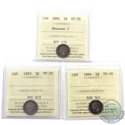 5-cent 1892 Obverse 2 ICCS VF-30, 1893 ICCS VF-20 & 1894 ICCS VF-30. 3pcs