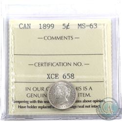 5-cent 1899 ICCS Certified MS-63. Coin has light rose toning.