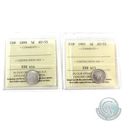 5-cent 1899 & 1901 ICCS Certified AU-55. 2pcs. Original lustre, bright vibrant coins.