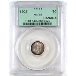 5-cent 1902 PCGS Certified MS-66. Coin contains bull's eye toning of gold and violet.