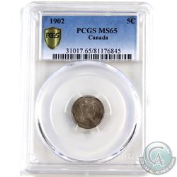 5-cent 1902 PCGS Certified MS-65. A lightly toned coin with full underlying luster.