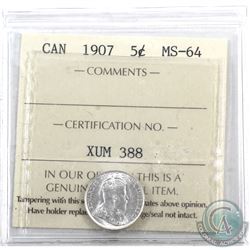 5-cent 1907 ICCS Certified MS-64. Full blast white.