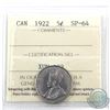 Image 1 : 5-cent 1922 ICCS Certified SP-64. A rare specimen strike, this coin has soft satin fields with bold 