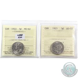 5-cent 1922 Near Rim ICCS Certified MS-62 & 1923 ICCS AU-55. 2pcs