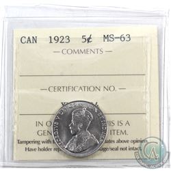 5-cent 1923 ICCS Certified MS-63. Bright flashy coin.