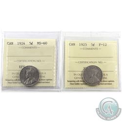 5-cent 1924 ICCS Certified MS-60 & 1925 ICCS F-12. 2pcs