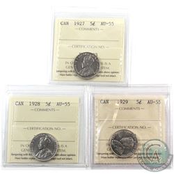 5-cent 1927, 1928 & 1929 ICCS Certified AU-55. 3pcs