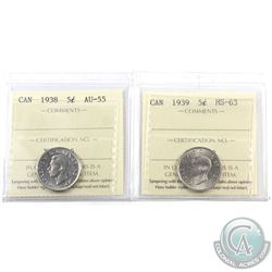 5-cent 1938 ICCS AU-55 & 1939 ICCS MS-63. 2pcs