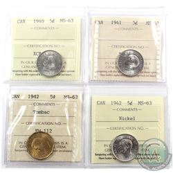 5-cent 1940, 1941, 1942 Nickel & 1942 Tombac ICCS Certified MS-63. 4pcs