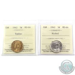 5-cent 1942 Nickel & Tombac ICCS Certified MS-64. 2pcs