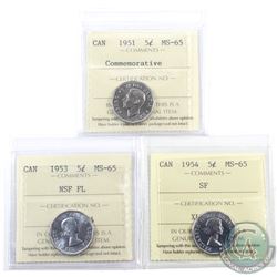 5-cent 1951 Commemorative, 1953 NSF FL & 1954 SF ICCS Certified MS-65. 3pcs