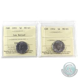 5-cent 1951 Low Relief & 1952 ICCS Certified MS-65. 2pcs. Beautiful strikes worth an extra bid!