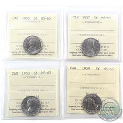 5-cent 1955, 1957, 1958 & 1959 ICCS Certified MS-65. 4pcs