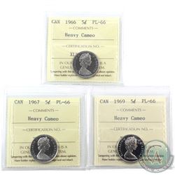 5-cent 1966, 1967 & 1969 ICCS Certified PL-66 Heavy Cameo. 3pcs