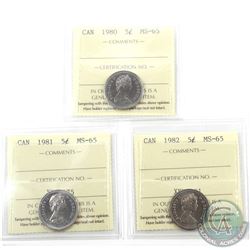 5-cent 1980, 1981 & 1982 ICCS Certified MS-65. 3pcs