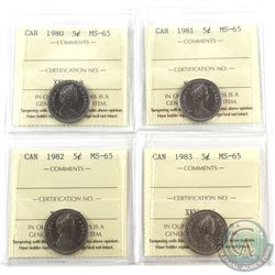 5-cent 1980, 1981, 1982 & 1983 ICCS MS-65. 4pcs