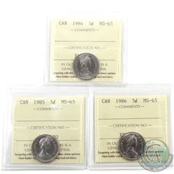 5-cent 1984, 1985 & 1986 ICCS Certified MS-65. 3pcs