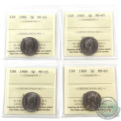 5-cent 1986, 1987, 1988 & 1989 ICCS MS-65. 4pcs