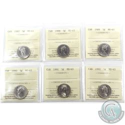 5-cent 1987, 1988, 1989, 1990, 1991 & 1992 ICCS Certified MS-65. 6pcs