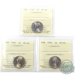 5-cent 1989, 1991 & 1995 ICCS Certified MS-66. 3pcs