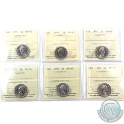 5-cent 1993, 1994, 1995, 1997, 1998 & 1999 ICCS Certified MS-65. 6pcs