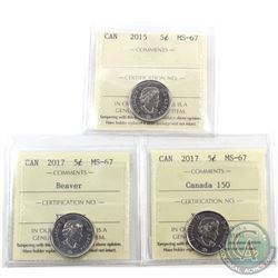 5-cent 2015, 2017 Beaver & 2017 Canada 150 ICCS Certified MS-67. 3pcs