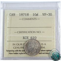 10-cent 1871H ICCS Certified VF-30