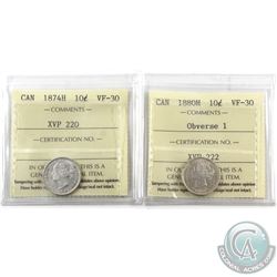 10-cent 1874H & 1880H Obverse 1 ICCS Certified VF-30. 2pcs