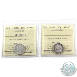 10-cent 1881H Obverse 2 & 1882H ICCS Certified VF-20. 2pcs