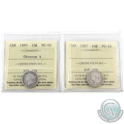 10-cent 1885 Obverse 4 & 1887 ICCS Certified VG-10. 2pcs