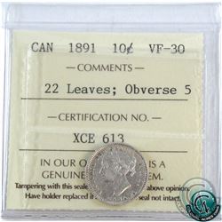 10-cent 1891 22 Leaves Obverse 5 ICCS Certified VF-30.