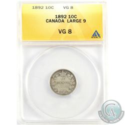 10-cent 1892 2/1, Large 9, Obverse 6 ANACS Certified VG-8