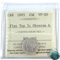 10-cent 1893 Flat Top 3 Obverse 6 ICCS Certified VF-20.