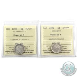 10-cent 1898 Obverse 5 ICCS VG-10 & 1898 Obverse 6 ICCS EF-40. 2pcs